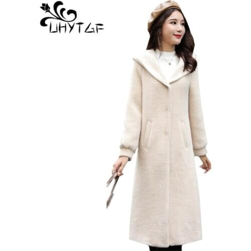UHYTGF Quality Mink Cashmere winter wool coat fashion hooded casual 3XL plus size jacket embroidery elegant womens jackets 1073