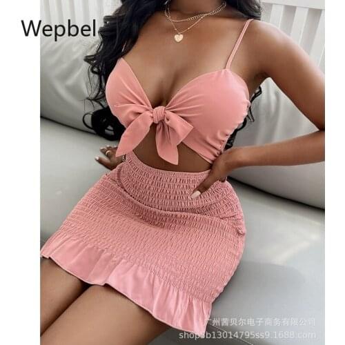 Wepbel Sexy Mini Skirts Camis Tops 2pcs Sets Outfits Hollow Out Dress Sets Pink Clubwear Women Pencil Skirts Dress Sets