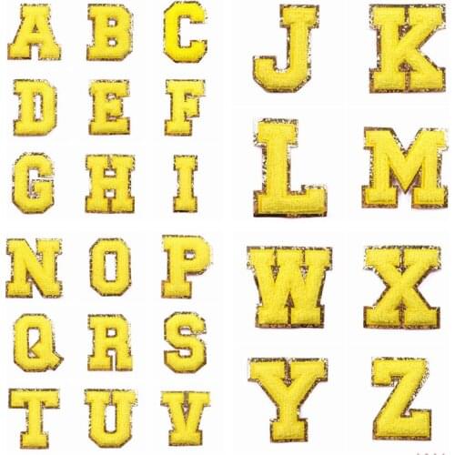 Yellow 26 Name Towel Embroidered Patches On Clothes Iron On Patches For Clothing Alphabet Sequins Patches Letter Stripes Sticker