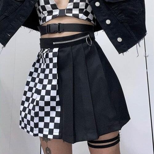 High Waist Diablo Plaid Pleated Mini Skirt for Women 2021 Summer Stitching Sexy Fashion Casual A-LINE Street Style Short Skirts