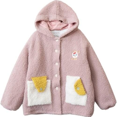 Coat Warm Parkas Women Cartoon Embroidery Hooded Jacket 2020 Winter Long Sleeve Cotton Liner Pocket Outwear For Teenage Girls