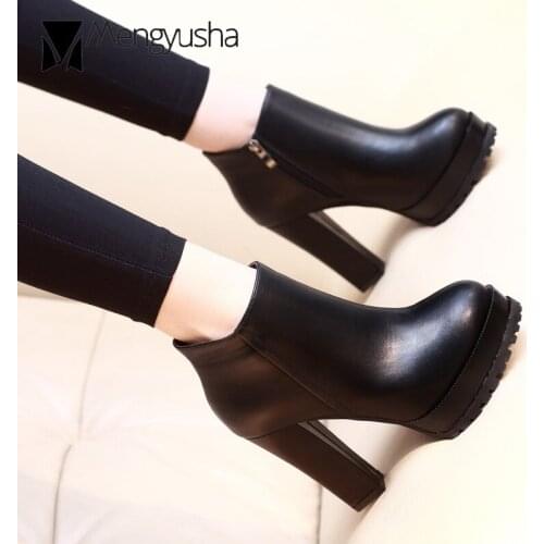 Super high heels winter boots women platform leather ankle botas mujer side zip warm plush chelsea boots women short botines c48