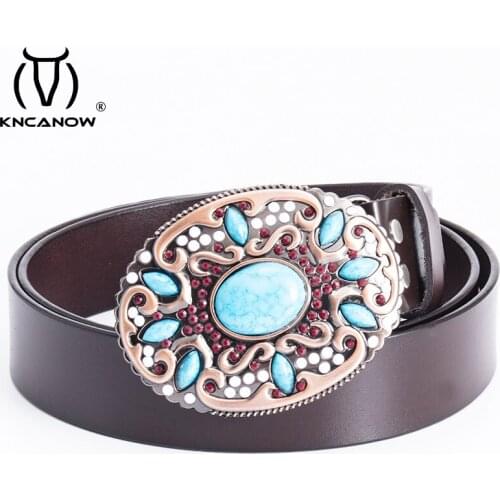 Women Belts For Dress Bohemia Mosaic Gem Turquoise Buckle Female Arabesque Pattern Retro Ladies Decorative Cow Leather Belt Gift