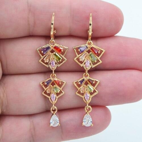 Fashion Jewelry Gold Color Luxury Colorful CZ Palace Chandelier Wedding Earrings for Women