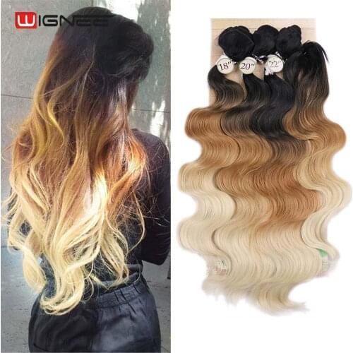 Wignee 4pcs/Lot 3 Bundles With Closure Wave Synthetic For Women Heat Resistant Blue/Purple/Brown/Grey Hair For Women Extensions