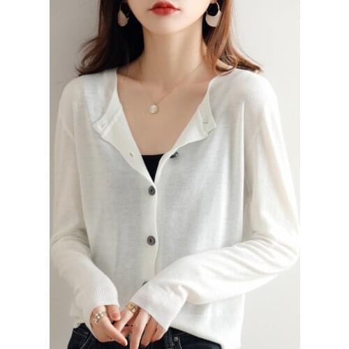 Round Neck Knitting Cardigan Womens 21Spring Autumn Loose Casual Thin Fine Imitation Wool Jacket Light Breathable All-Match Top