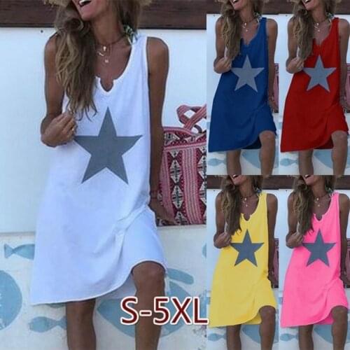 2020 Women Casual Loose Star Print Mid Dress Trendy Sleeveless V Neck Camis Fashion A Line Vest Dresses Plus Sizes S-5XL