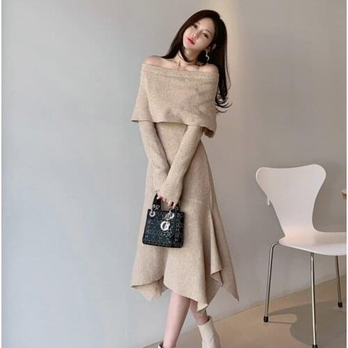 Autumn Winter Ruffles Bodycon Mermaid Sweater Dress Women Sexy Off Shoulder Slash neck Elegant Female Midi Knit Dress