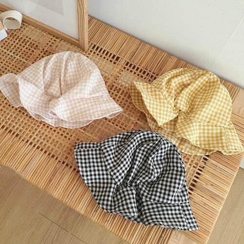 8162 Baby Hat Korean Little Fresh Plaid Ribbon Fishermans Hat Spring Summer Hat Girls Boys Art Plaid Sunshade Hat