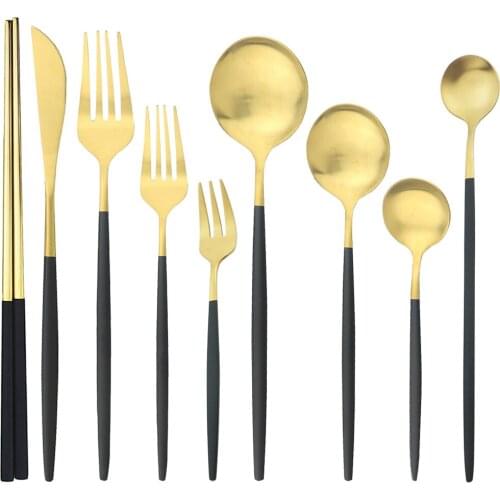 9Pcs Black Gold Dinnerware Cutlery Set Matte Stainless Steel Flatware Knife Fruit Fork Dessert Spoon Chopsticks Silverware Set