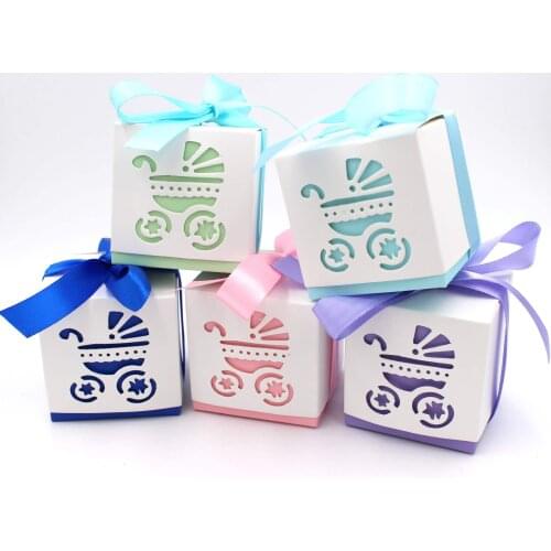 Promotion 10pcs Light Blue pink Baby Carriage Candy box Wedding baby shower favor paper box favour gift box 6Z