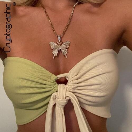 Cryptographic Chic Hot Sleeveless Strapless Cut-Out Crop Tops for Girls Rave Festival Backless Lace Up Tube Tanks Cropped Top