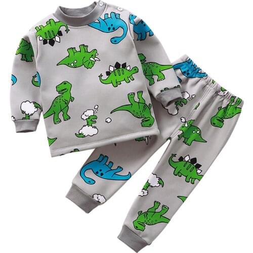 Children Pyjamas Winter Thermal Underwear Set Baby Boys Girls Plus Velvet Cartoon Dinosaur Clothes Pink Casual Thickened Pajamas