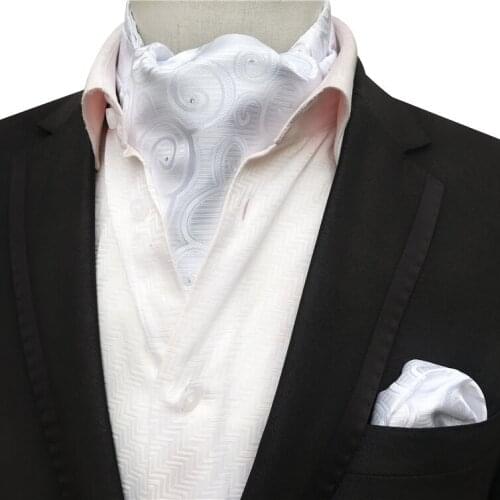 Designer Mens Ascot Set Luxury White Paisley Pattern Formal Scarf Sets with Pocket Square