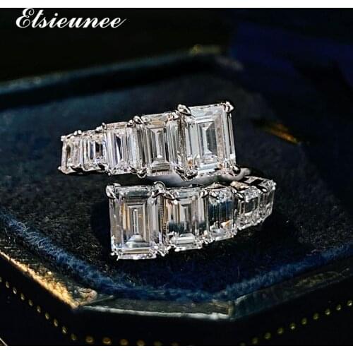 ELSIEUNEE Classic 100% 925 Sterling Silver Emerald Cut High Carbon Stone Open Finger Rings For Women Bridal Wedding Fine Jewelry