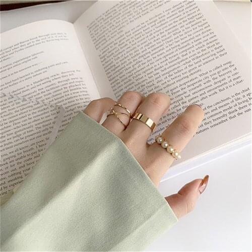 Hot Trendy Gold Pearl Rings Set For Women Girls Korean Finger Ring Simple Cross Rings Female Jewelry Party