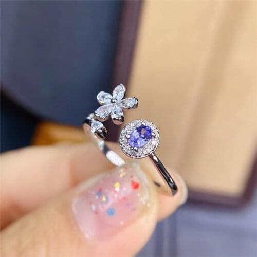 Natural Tanzanite Ring, Oval Cut Blue Gemstone, Genuine Sterling Silver Ring, December Birthstone, Flower Style Ring