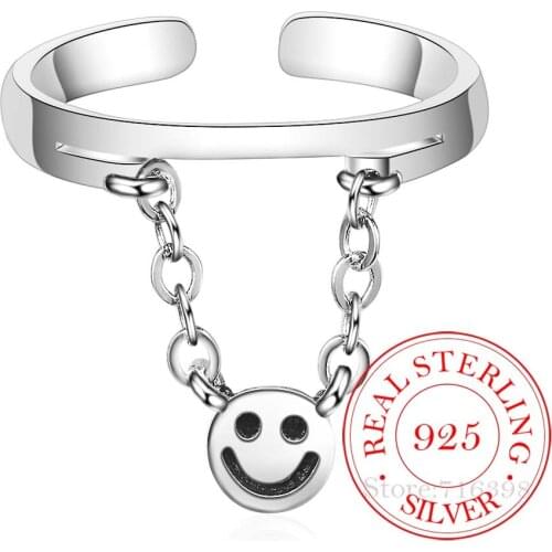 Vintage Smiling Face Ring With Chains 925 Sterling Silver Rings For Women Minimalist Accessories Gift Jewlery anel