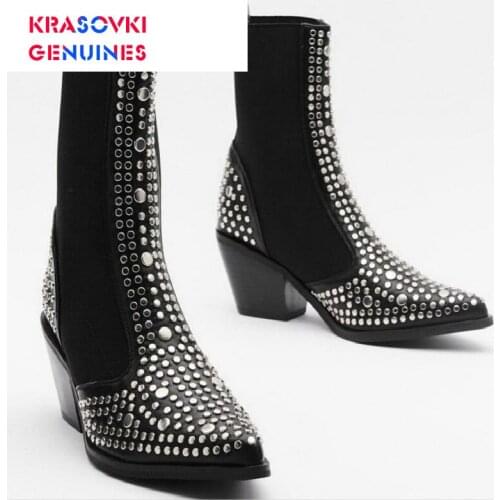 Krasovki Boots 2020 Womens New Style for Autumn Winter Sexy Pointed Toe Denim Large Riveting Nail Elastic Fashion Ankle Boots