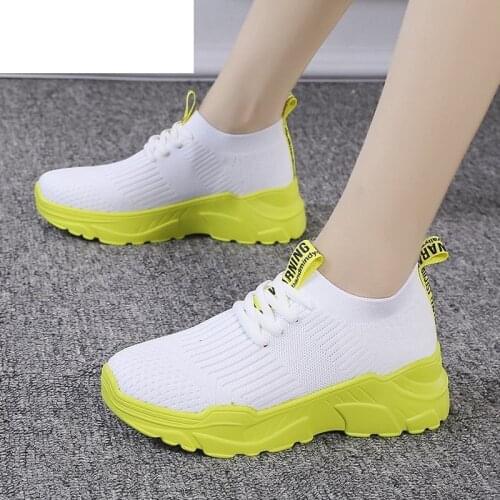 2021 Women White Sneakers Fashion Knitted Vulcanized Shoes Platform Lace-up Mesh Breathable Women Casual Shoes Tenis Feminino