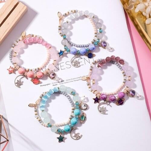 Multi Layers Women Girls Stars Moon Cat Eye Crystal Bracelet Female Bracelet Simple Bracelet Japanese and Korean Cute Jewelry