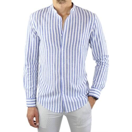 Men linen shirt collar Korean Slim Fit striped sky blue long sleeve summer shirts elegant