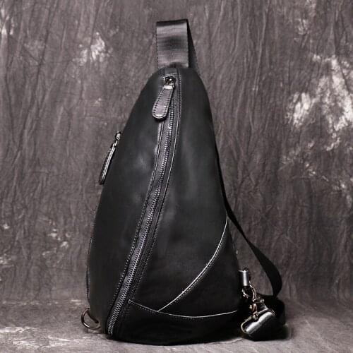 Leather Mens Personality Chest Bag Cowhide Shoulder Bag Fashion Casual Sports Messenger Large-Capacity Mobile Phone Bag