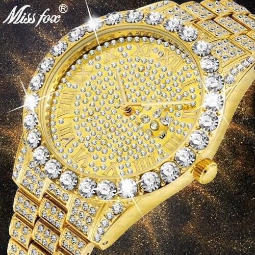 MISSFOX Mens Watch 2020 Top Selling Luxury Brand Gold Men Fashion Watches Men Big Diamond Bracelet Luxury Watch Men Gift Box
