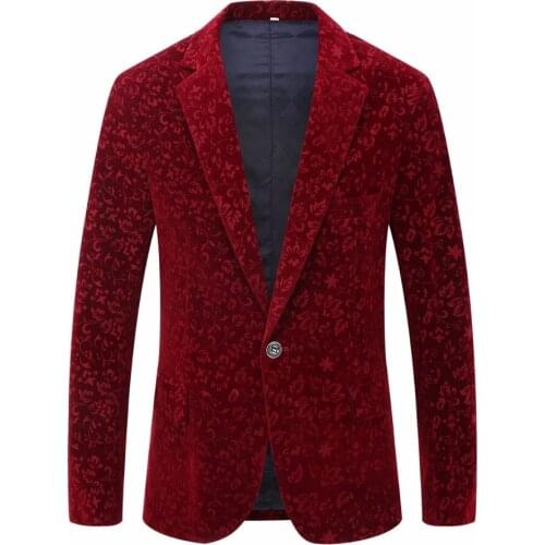 2019 Men Autumn Winter Wine Red Burgundy Velvet Floral Pattern Suit Jacket Slim Fit Blazer Designs Stage Costumes For Singers