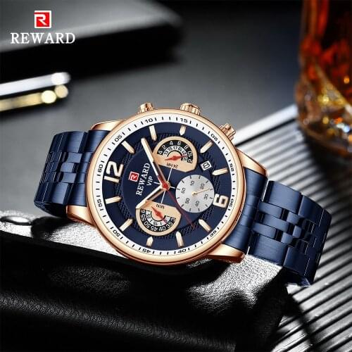 REWARD 2021 Mens Watches Top Luxury Brand Waterproof Business Quartz Watch Men Chronograph Full Steel Analog Calendar Wristwatch