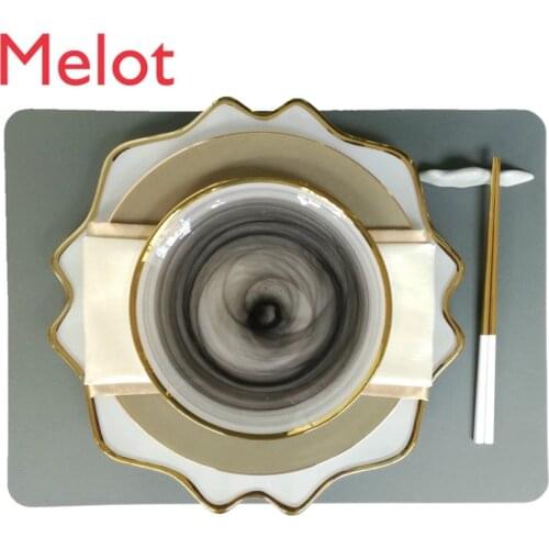 New Classical Model Room Chinese Tableware Set Irregular Golden Edge White Glass Plate Black Cloud Mist Dinner Plate