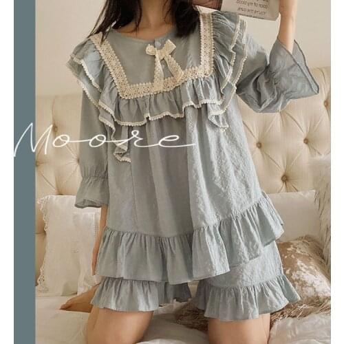 New Women‘s Princess Sleepwear High Quality Cotton Crepe Fabric Pajama Sets.Lace Tops+Shorts.Vintage Lady Girls Bow Pyjamas Set
