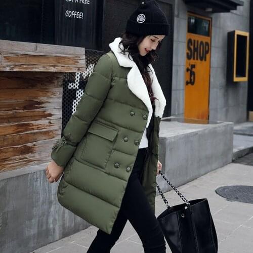 2019 Hot Sale Polyester Winter New Han Banshuang Row Buckle Suit Lead Lamb Cotton-padded Long Fund Fashion Joker Loose Coat