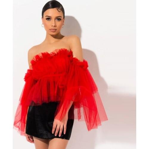 New Fashion Red Tulle Off The Shoulder Women Blouses 2020 With Puff Full Sleeves Sexy Tulle Short Blusas Women Top Summer