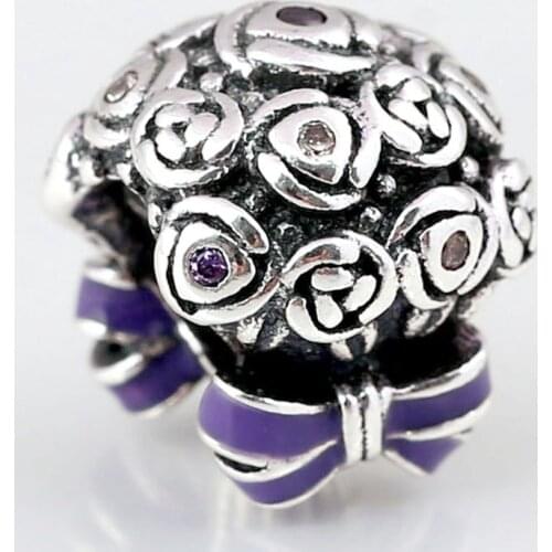Original Purple Enamel Roses Bouquet Celebration Bouquet Beads Fit 925 Sterling Silver Charm Bracelet Bangle Diy Jewelry