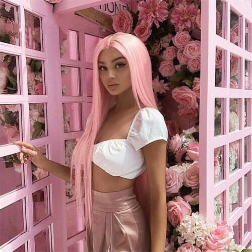 Long Straight Synthetic Wig Pink Cosplay Machine Made Wig Heat Resistant Fiber Hair Middle Part
