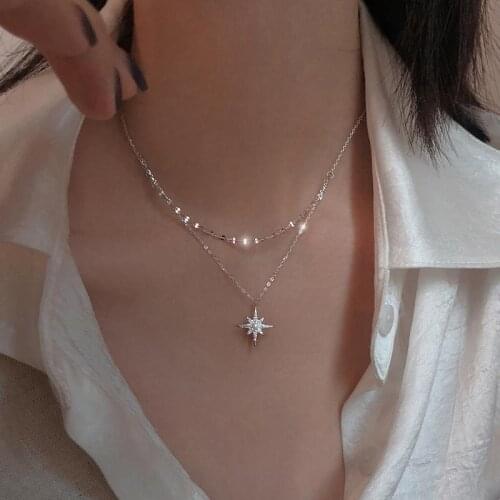 S925 Sterling Silver Necklace for Women Star Moon Double Necklaces Fashion Light Luxury Clavicle Chain Jewelry Wholesale
