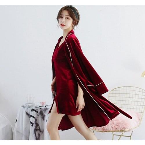 Sexy Velour Women Kimono Robe Gown Sleepwear Autumn And Wnter 2pcs Velvet Nighty&robe Set Elegant Solid Nightgown Homewear
