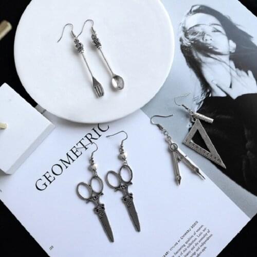 Korean Earrings For Women Spoon Fork Triangle Ruler Scissors Pendant Earrings Charm Vintage Jewelry Boucles D Oreille Femme 2021