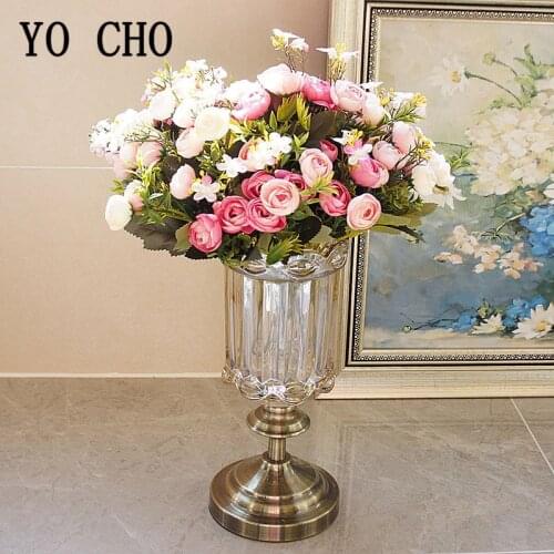 YO CHO 1Bunch Artificial Tea Rose Flower Bouquet DIY 13 Heads Silk Flowers for Party Home Wedding Decorative Craft Fake Flowers