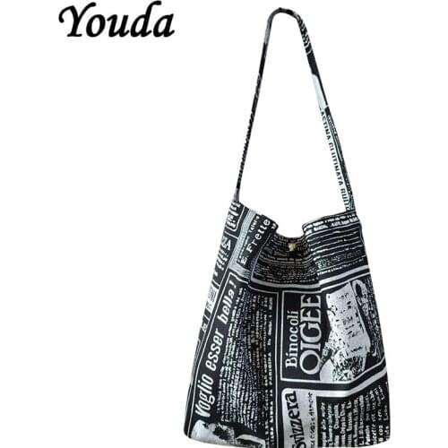 Youda Ladies Letter Printed Handbag Foldable High Capacity Women Shoulder Bags Eco Reusable Shopping Bag Chic Travel Canvas Pack