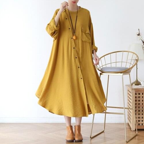 Women Solid Shirts Buttom Dresses 2021 Cotton Linen Casual Loose O Neck Lapel Irregular Hem Dress Plus Size Vestidos Robe Mujer