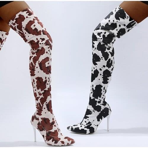 Ladies Over The Knee Boots Cow Print Boots PU Leathrt Sexy High Heels Zipper Autumn Boots Thin Heel Female Shoes 35-43