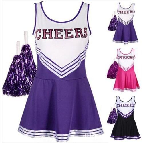 Women Girls Cheerleader Costume Cheer Uniform School Musical Party Halloween Costume Fancy Dress Sports Uniform With Pom Poms