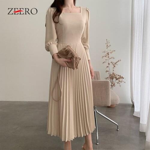 2020 Autumn Women Khaki Square Neck Sashes Pleated Dress Elegant Spring Korean Lady Causal Long Pink Sexy Party Dresses Vestidos