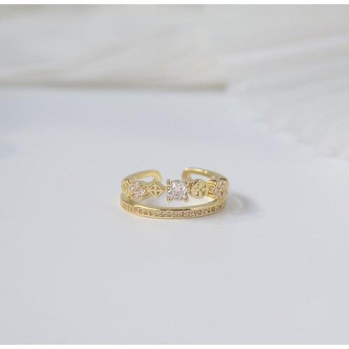 14k Real Gold Plated Fashion Jewelry Micro-inlaid Zircon Double Layer Geometric Opening Rings for Woman Shine Party Elegant Ring