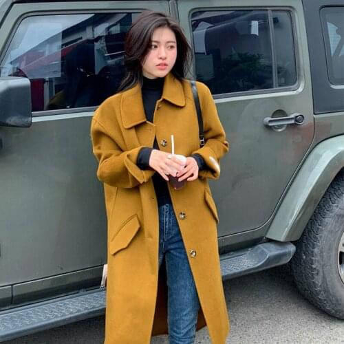 Womens British Style Lapel Retro Hepburn Style Double-sided Cashmere Blend Coat Mid-length Loose Over Knee Outerwear Winter