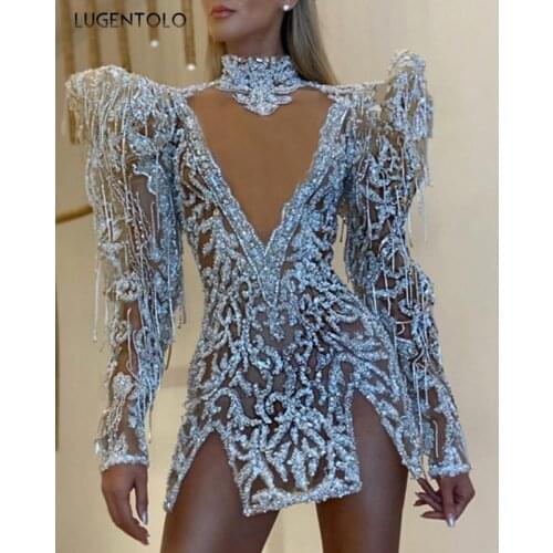 Sexy Party Dress Women Fashion Womens New Long Sleeve Turtleneck Sequin Dress Ladies Small Short Dress Lugentolo