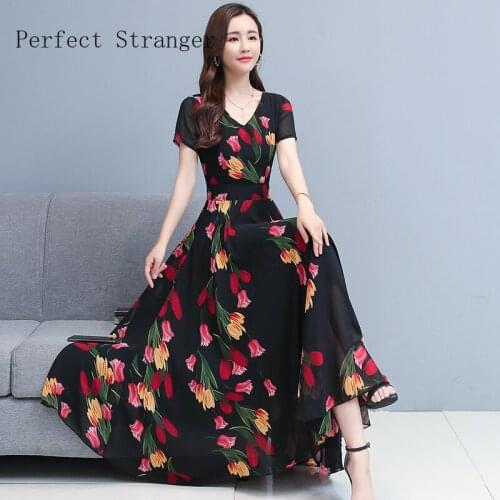 High Quality 2021 Summer Dress For Women V Collar Floral Printed Short Sleeve Women Chiffon Long Dress