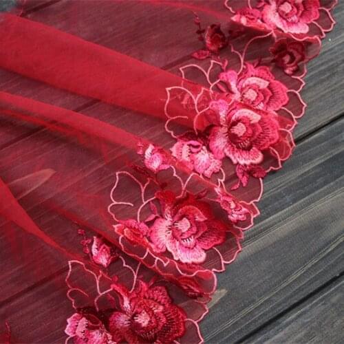 23cm or 9inch wide -2yards/lot Red Embroidered Floral Tulle Lace Trim,Mesh Embroidery Lace Trim